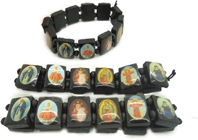 4Pcs Wooden Jesus Virgin Mary Bracelet Saints Rosary Stretch Wooden Small Panel Bracelet Religious Saints Jesus Gift