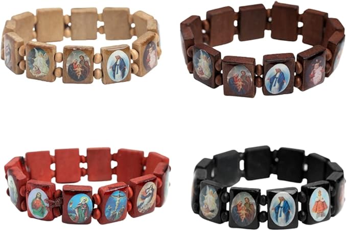4Pcs Wooden Jesus Virgin Mary Bracelet Saints Rosary Stretch Wooden Small Panel Bracelet Religious Saints Jesus Gift