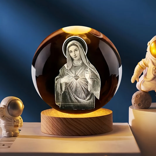 3D Laser-Engraved Virgin Mary Crystal Ball LED Night Light