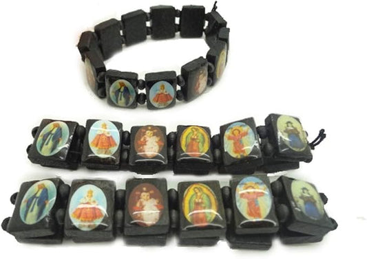 4Pcs Wooden Jesus Virgin Mary Bracelet Saints Rosary Stretch Wooden Small Panel Bracelet Religious Saints Jesus Gift