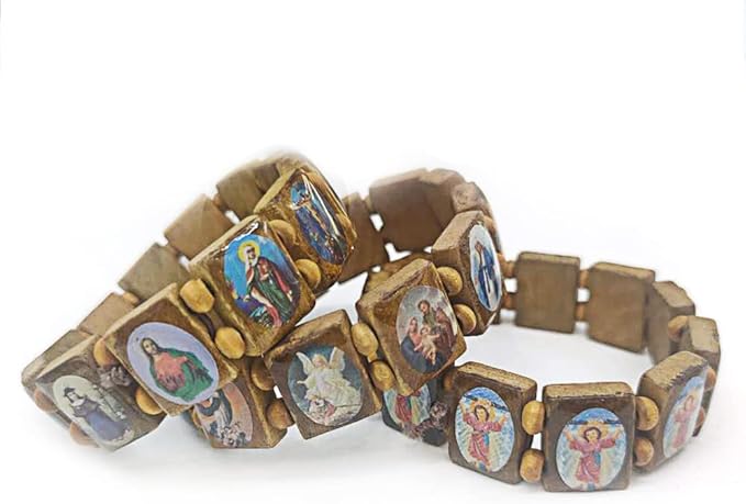 4Pcs Wooden Jesus Virgin Mary Bracelet Saints Rosary Stretch Wooden Small Panel Bracelet Religious Saints Jesus Gift